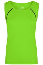 A bright green ladies sports tank top featuring black accents. Designed as a sleeveless crop top.