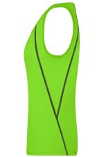 A bright green ladies sports tank top with a stylish design and a logo on the side.