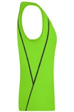 A bright green ladies sports tank top featuring a stylish black design. It has a fitted, sleeveless cut and includes a logo.
