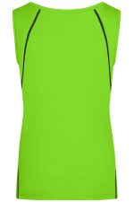 A bright green ladies sports tank top featuring a simple design and contrasting seams. It has a logo on the back.