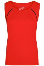 A red ladies sports tank top featuring a sleek design and contrast stitching. It includes a logo on the front.