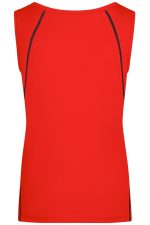 A red sports tank top with a sleeveless design and contrasting black seams. Features a logo on the back.