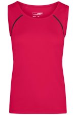 A red ladies sports tank top featuring black accents and a logo. Suitable for active wear and sports uniforms.