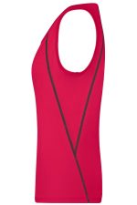 A ladies sports tank top in vibrant red with contrasting black lines, featuring a fitted design and an unobtrusive logo.