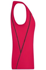 A red ladies sports tank top with a fitted design and contrasting black seams, featuring a logo.