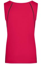 A bright pink ladies sports tank top with black detailing on the sides and a sleeveless design.
