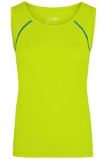 A bright lime green ladies sports tank top with blue accents and a logo. Perfect for active wear.