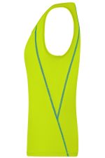 A vibrant yellow ladies sports tank top with a blue accent and a logo. Features a sleeveless design.