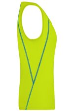 A bright yellow ladies sports tank top with blue accents and a sleeveless design. Features a logo.