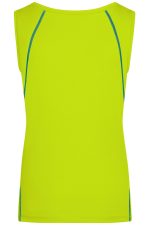 A back view of a bright yellow ladies sports tank top with blue piping details and a logo.