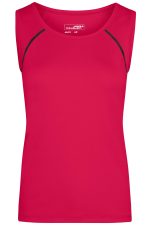 A bright red ladies sports tank top with black accents and a small logo. Suitable for activewear.