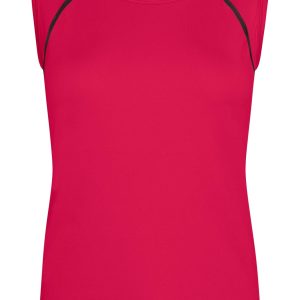 A bright red ladies sports tank top with black accents and a small logo. Suitable for activewear.