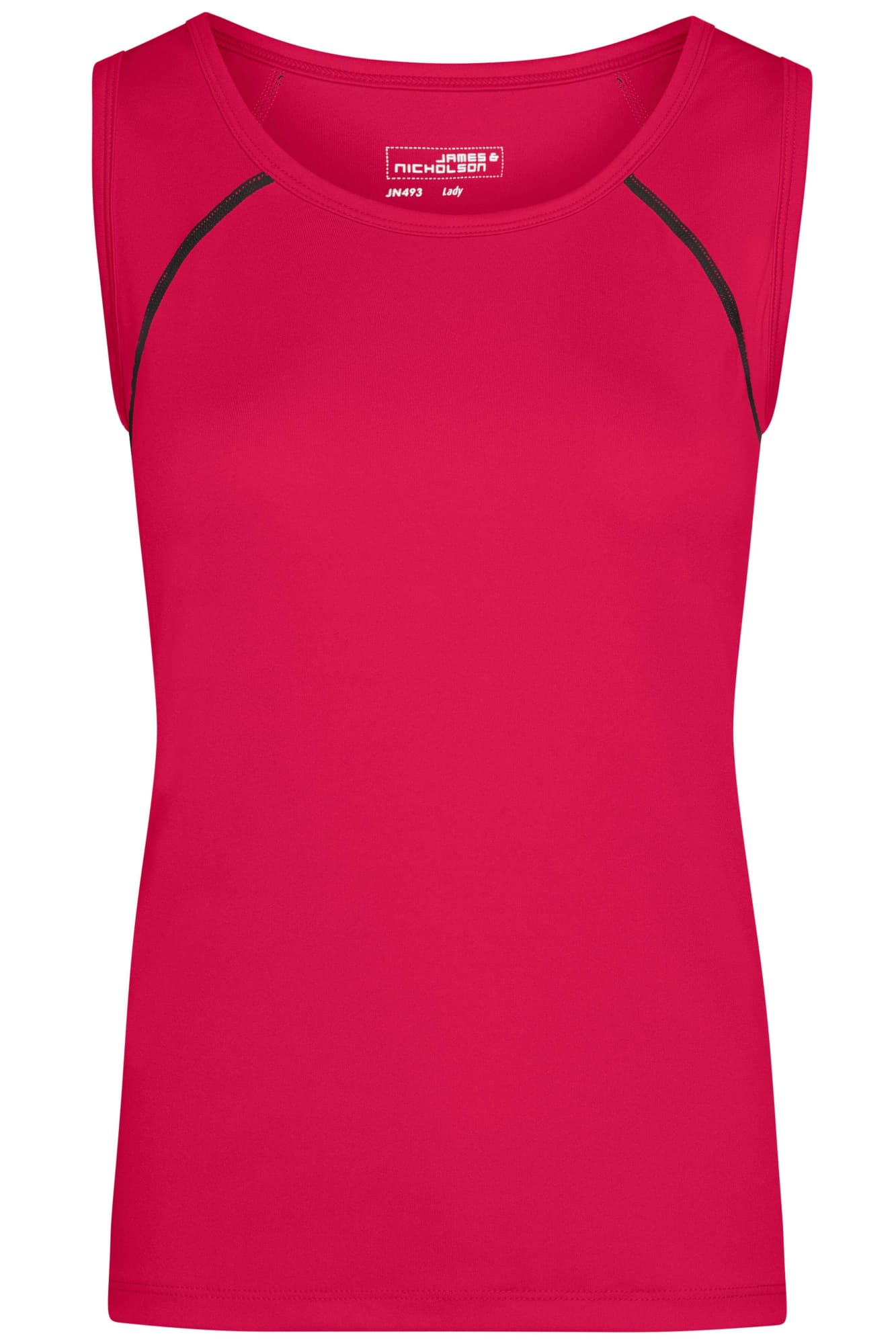 A bright red ladies sports tank top with black accents and a small logo. Suitable for activewear. A bright red ladies sports tank top with black accents and a small logo. Suitable for activewear.