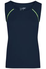 A navy ladies sports tank top with green accent detailing and a logo on the upper front.