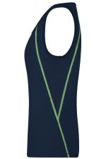 A navy sports tank top with a slim fit, featuring green accent lines and no sleeves, complete with a logo.