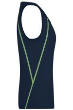 A navy ladies sports tank top featuring green accent stripes and a fitted design. It has a logo on the front.