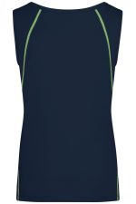 A navy ladies sports tank top featuring green accent stripes and a logo. Back view with a sleeveless design.