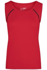 A red ladies sports tank top with a fitted design and black accents. It features a logo on the label.