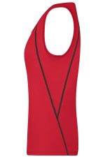 A red ladies sports tank top with a sleeveless design and contrasting black lines. It features a logo.