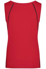 A red ladies sports tank top with a sleek design and contrasting black accents, featuring a logo.