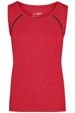 A red ladies sports tank top with a round neckline and contrast stitching, featuring a logo.