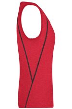 A red ladies sports tank top featuring a unique design and a logo on the side.