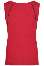 A red ladies sports tank top featuring a fitted design and contrasting stitching. It includes a logo on the back.