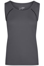 A grey ladies sports tank top with a fitted cut and subtle seam detailing. It features a logo on the fabric.