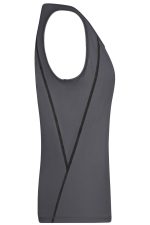 A grey ladies sports tank top featuring a sleeveless design and a subtle geometric pattern. It has a logo.