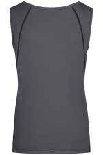A grey ladies’ sports tank top with a sleek design and contrast stitching, featuring a logo.