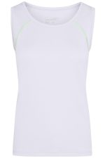 A white ladies sports tank top with green accents and a logo on the front. Ideal for activewear.