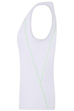 A white ladies sports tank top featuring green stitching and a logo.