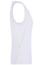 A ladies sports tanktop in white with green detailing and a logo, featuring a fitted design.