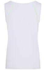 A white sports tank top with green stitching and a logo at the back. Suitable for athletic activities.