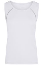A white ladies sports tank top with a fitted design and subtle seams, featuring a logo on the side.