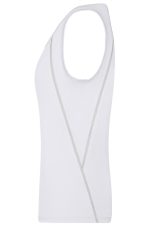 A white ladies sports tank top featuring a sleek design and subtle contour lines. It has a logo on the front.