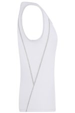A white ladies sports tank top with a fitted design and stylish stitch detailing. It features a logo.