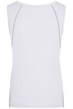 A white ladies sports tank top with grey detailing and a logo, featuring a sleek, sleeveless design.
