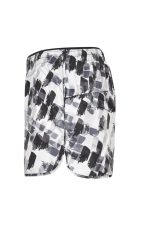 Ladies sports shorts in a black, white, and grey abstract pattern, featuring an elastic waistband and a logo.