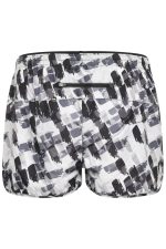 Ladies sports shorts in a monochrome abstract pattern with a zippered back pocket. Features branding on the waistband.