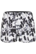 A pair of ladies sports shorts in a black and white abstract pattern, featuring an elastic waistband and a logo.