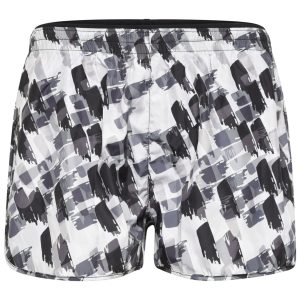 A pair of ladies sports shorts in a black and white abstract pattern, featuring an elastic waistband and a logo.