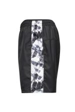 Men's sports shorts in black with a patterned white and grey side panel. Includes a logo on the fabric.