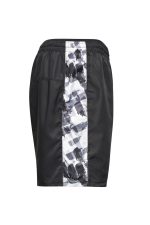 Men's sports shorts in black with a patterned grey and white side panel. Features an elastic waistband and pockets.