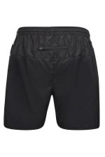 Black men's sports shorts featuring a zippered pocket and an elastic waistband. Logo present on the design.