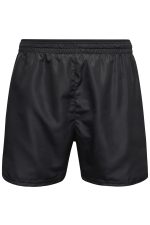Black men's sports shorts with an elastic waistband and a smooth finish, featuring a branding logo.