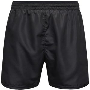 Black men's sports shorts with an elastic waistband and a smooth finish, featuring a branding logo.