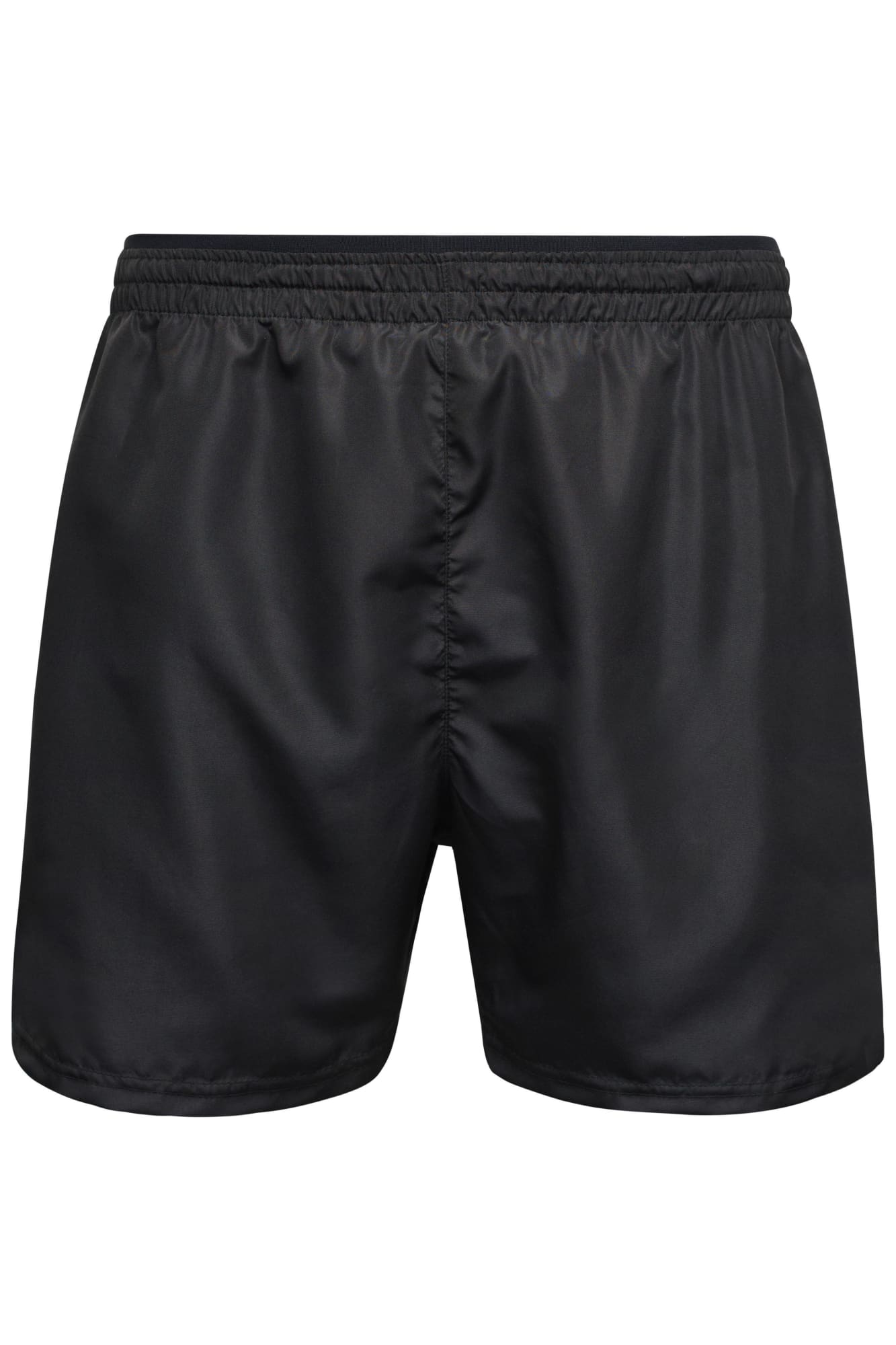 Black men's sports shorts with an elastic waistband and a smooth finish, featuring a branding logo. Black men's sports shorts with an elastic waistband and a smooth finish, featuring a branding logo.