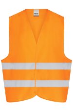 An orange safety vest for adults with three reflective white stripes, featuring no logos or text.