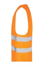 An orange safety vest with reflective white stripes, designed for adults. It features a sleeveless design and includes a logo.